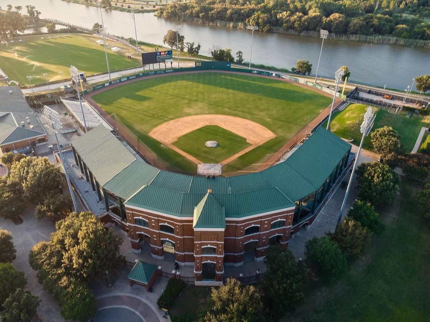 Aerial view of Baylor Ballpark on the Brazos River